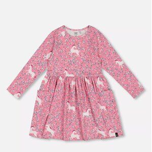 Deux par Deux Little Girl's Printed Unicorn Dress with Pockets Pink